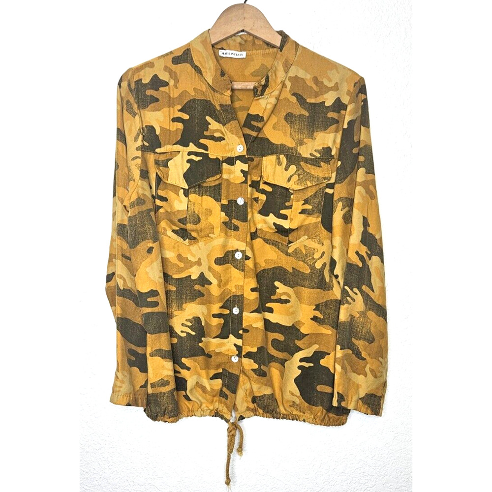 Made in Italy Jacket Womens XL Mustard Yellow Camo Print Cargo Button‎ Up Shirt